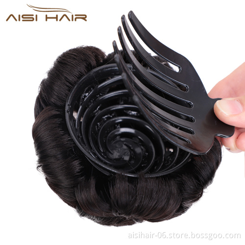 Aisi Hair Nine Flowers Black Chignon Heat Resistant Synthetic Fiber Plastic Comb Hair Extension Curly Claw On Hair Bun For Women